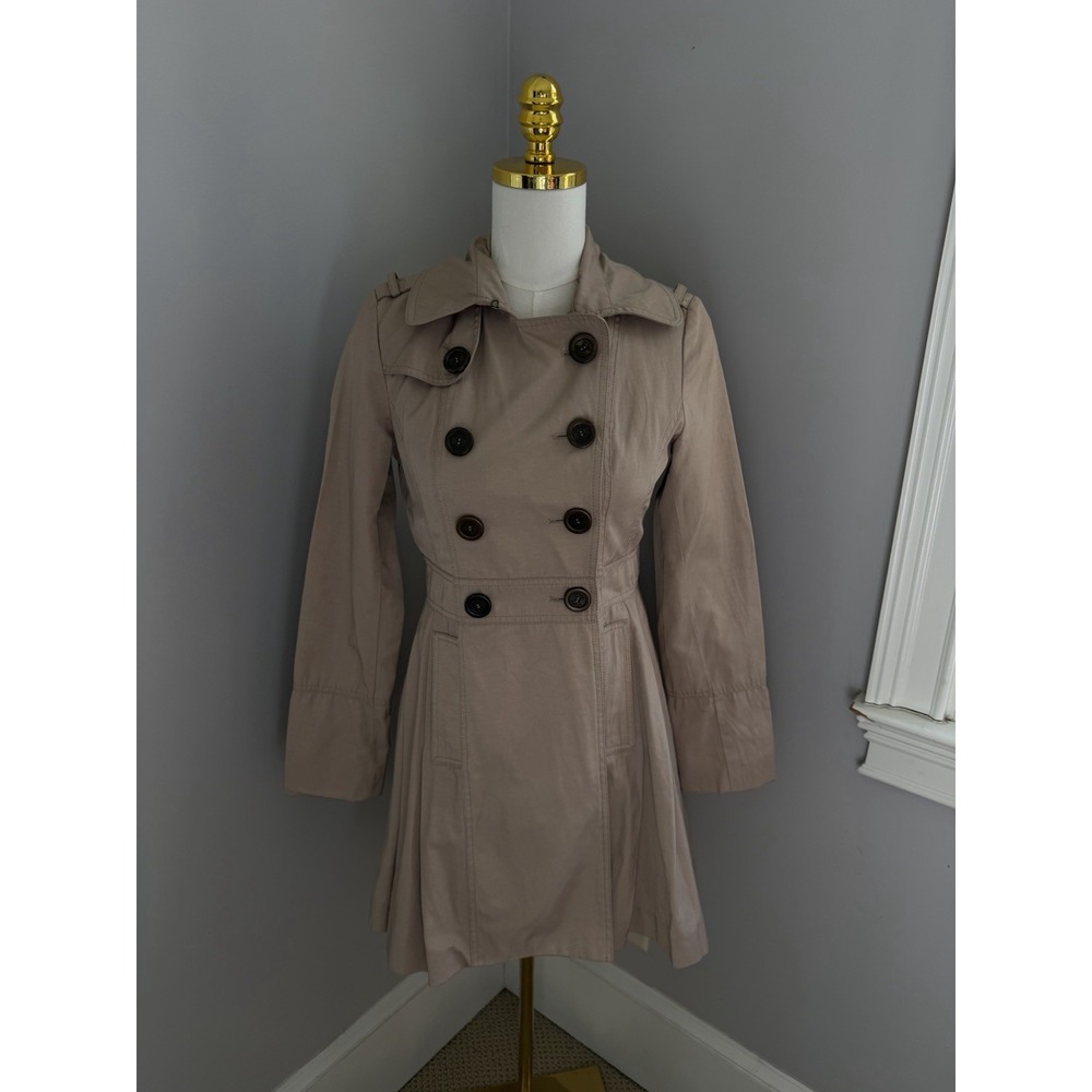 Vintage Guess Women's Khaki Trench Coat‎ Jacket XS Pleated Double Breasted